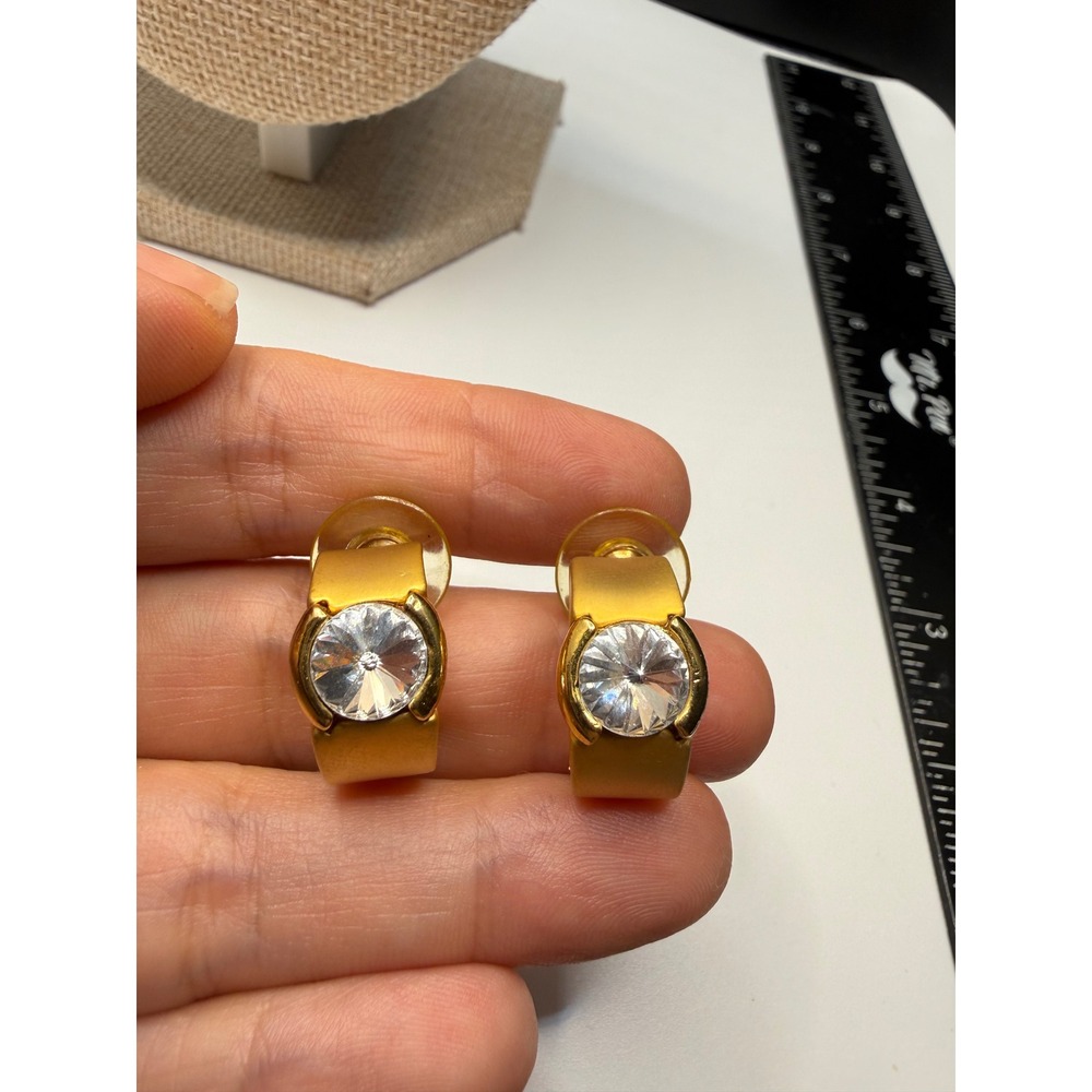 Vintage Gold Tone J-Hoopโ Earrings Round Clear Crystal Matte Finish Post Backs